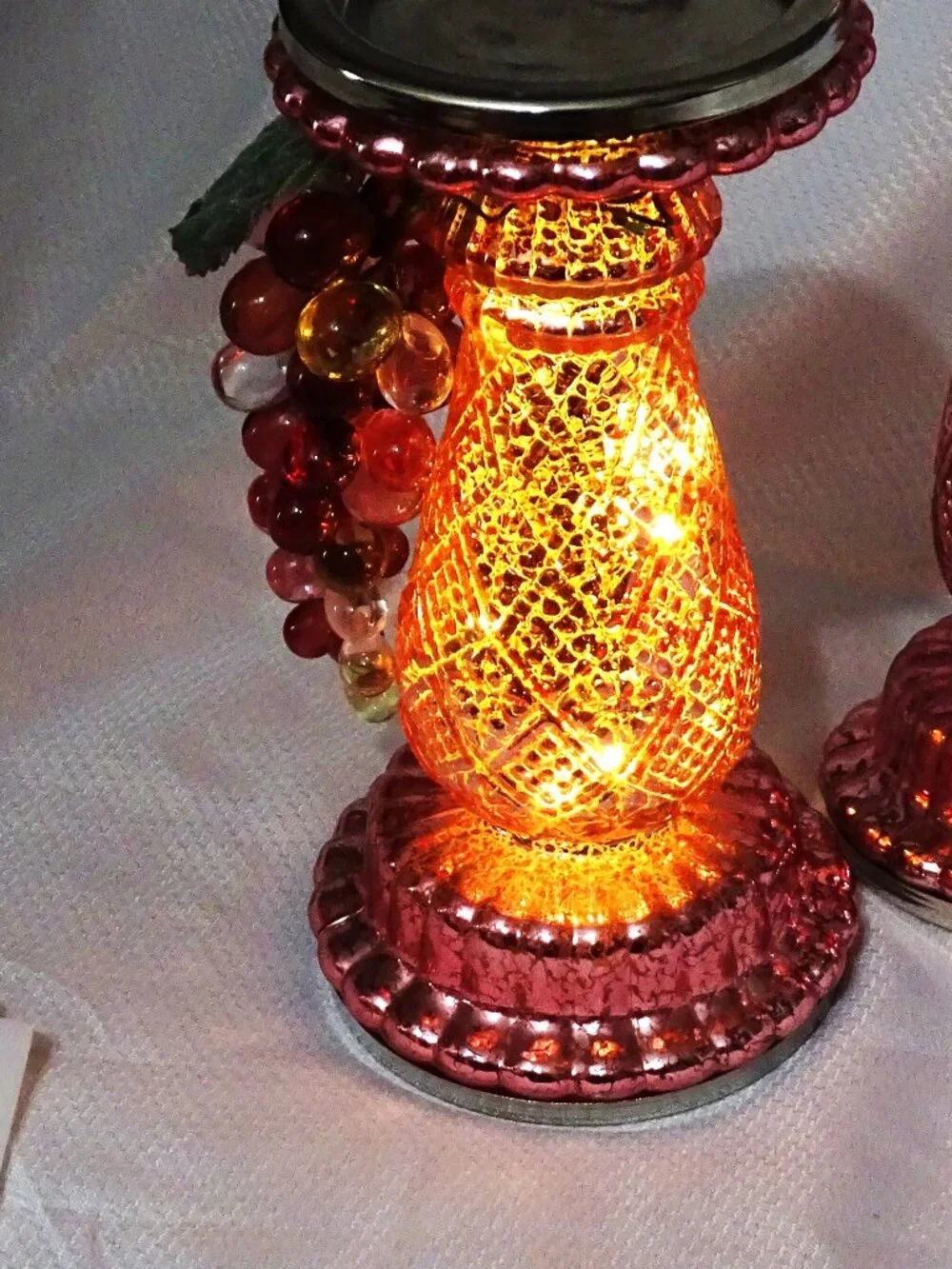Pink Light  Up Glass Candlestick Holders with Glass Grapes